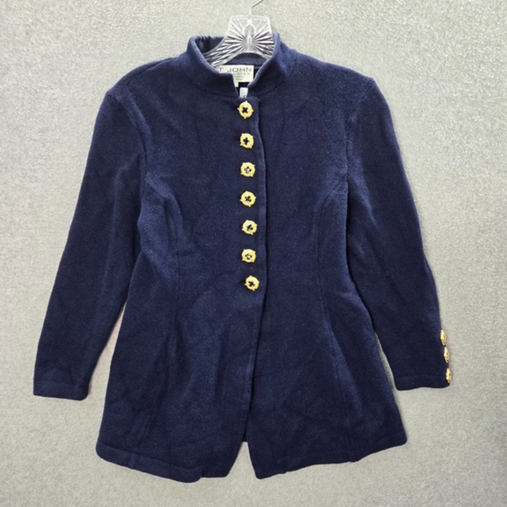 VINTAGE St John Women Jacket 8 Blue Button Up Marie Gray‎ 3/4 Sleeve Collar